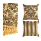 Kit 1 Manta e 2 Capas de Almofada em Tecido Jacquard Tradicional Preto e Dourado