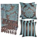 Kit 1 Manta e 4 Capas de Almofada em Tecido Jacquard Tradicional Marrom e Turquesa
