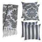 Kit 1 Manta e 4 Capas de Almofada em Tecido Jacquard Tradicional Preto Acinzentado e Prata