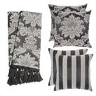Kit 1 Manta e 4 Capas de Almofada em Tecido Jacquard Tradicional Preto e Cru
