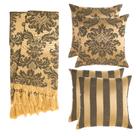 Kit 1 Manta e 4 Capas de Almofada em Tecido Jacquard Tradicional Preto e Dourado