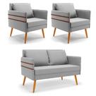 Kit 1 Namoradeira 02 Lugares e 2 Poltronas Mari Suede Cinza Pés Palito Castanho