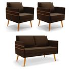 Kit 1 Namoradeira 02 Lugares e 2 Poltronas Mari Suede Marrom Pés Palito Castanho