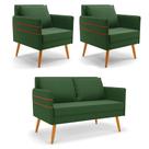 Kit 1 Namoradeira 02 Lugares e 2 Poltronas Mari Suede Verde Pés Palito Castanho