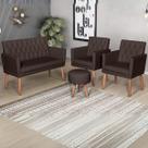 Kit 1 Namoradeira 2 Poltronas material sintético com Puff Capitone para Recepção Sala de Espera Resistente confortável Estofado 4 Lugares