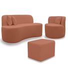 Kit 1 Poltrona Com Sofá Curvo 2 Lugares Feijão mais Puff Retangular Bouclé Maranata
