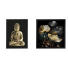 Kit 1 Quadro 60cm X 80cm e 1 Quadro 50cm X 50cm Folhas e Buda Fundo Preto Tropical Artes