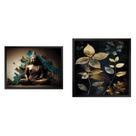 Kit 1 Quadro 60cm X 80cm e 1 Quadro 50cm X 50cm Folhas e Buda Meditando Tropical Artes