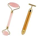 KIT - 1 Rolo Massageador Cristal Quartzo Rosa + 1 Massageador T Facial Gold Vibrata 24k