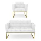 Kit 1 Sofá Namoradeira E 1 Poltrona Elisa Corano Base Metálica Industrial Dourado - D'rossi Cor Branco