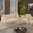 Kit 1 Sofá Namoradeira e 1 Poltrona Elisa Suede Bege Pés Palito Natural D03 - D'Rossi