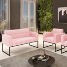 Kit 1 Sofá Namoradeira e 1 Poltrona Elisa Suede Rosa Bebê Base Metálica Industrial Preto D03 - D'Rossi