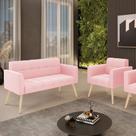 Kit 1 Sofá Namoradeira e 1 Poltrona Elisa Suede Rosa Bebê Pés Palito Natural D03 - D'Rossi