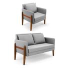Kit 1 Sofá Namoradeira E 1 Poltrona Lana Suede Cinza Base De Madeira - D'rossi