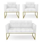 Kit 1 Sofá Namoradeira E 2 Poltronas Elisa Corano Base Metálica Industrial Dourado - D'rossi Cor Branco