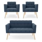 Kit 1 Sofá Namoradeira E 2 Poltronas Elisa Suede Azul Marinho Pés Palito Natural - D'rossi
