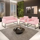 Kit 1 Sofá Namoradeira e 2 Poltronas Elisa Suede Rosa Bebê Base Metálica Industrial Preto D03 - D'Rossi