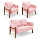 Kit 1 Sofá Namoradeira E 2 Poltronas Lana Suede Rosa Bebê Base De Madeira - D'rossi