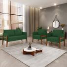 Kit 1 Sofá Namoradeira e 2 Poltronas Lana Veludo Verde Base de Madeira