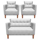 Kit 1 Sofá Namoradeira E 2 Poltronas Livia material sintético Branco Pés Chanfrado Castanho D'rossi