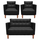Kit 1 Sofá Namoradeira E 2 Poltronas Livia material sintético Preto Pés Chanfrado Castanho D'rossi