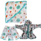 Kit 1 Toalha Banho Com Capuz Soft Fralda +1 Roupão Soft Bebe + 3 Pano Boca babete 100% algodão