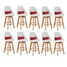 Kit 10 Banquetas Alta Maya Giratória Com Encosto Linho Bege Claro e Almofada Suede Vermelho - Gat Magazine