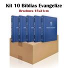 Kit 10 Bíblia Sagrada Brochura Azul - Evangelização - Textos Coloridos Letra Média