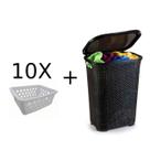 Kit 10 Cestos Multiuso Branco + Cesto Rattan G Basculada