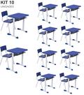 Kit 10 Conjuntos Escolar Individual Juvenil/Adulto com porta Livros cor Azul