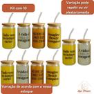 Kit 10 Copos de Café com Tampa de Bambú C/ Canudo de Vidro 470ml Frases Motivacionais Copo de vidro Multiuso
