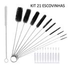 Kit 10 Escovas Limpeza Haste Inox Cerdas em Nylon +1 Escova p/ Canudo +10 Mini Escovinhas