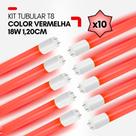 Kit 10 Lâmpadas LED T8 Vermelha 18W 120cm Tubular Colorida G13, ligação 1 lado, ideal academia