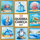 Kit 10 Quebra Cabeça Mdf 9 Peças Jogo Pedagógico Infantil Educativo Animais Marinhos Mar