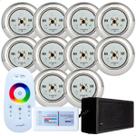 Kit 10 Refletores Led 9w RGB Inox S e Comando para Iluminação Piscina
