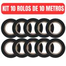 Kit 10 Rolos de Fita Isolante de 10 Metros Antichamas Preto Jogo Eletricista