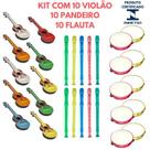 Kit 10 Viola Infantil 10 Pandeiro 10 Flauta Brinquedo Instrumentos Musicais Violão Pandeirinho Flautinha