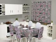 Kit 12 Capas de Cadeira + Toalha de Mesa + Cortina Sala de Jantar Cozinha dos Sonhos Completa Borboleta Cinza e Rosa