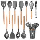 Kit 12 Colheres Silicone Porta Utensilios Colher Madeira Panela Anti Aderente