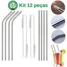 Kit 12 Peças Canudo Reto, Curvo e Escovinha Limpeza Inox 08 Canudos 04 Escovas
