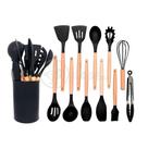Kit 12 Peças Utensílios De Cozinha De Silicone E Cabo De Madeira Resistente Fácil De Limpar - Preto