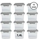 Kit 12 Potes Quadrado Com 4 Travas 1,4L Cinza