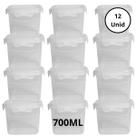 kit 12 Potes Quadrado Com 4 Travas 700ML Transparente