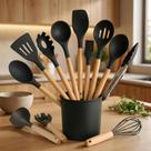 Kit 12 Utensílios Cozinha Silicone C/ Cabo Madeira Premium