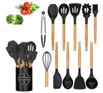 Kit 12 Utensílios Cozinha Silicone Cabo De Madeira Premium Preto Globalmix