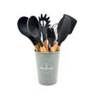 Kit 12 Utensílios Cozinha Silicone Cabo Madeira Antiaderente Cinza