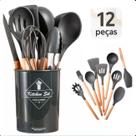 Kit 12 Utensílios Cozinha Silicone Cabo Madeira Original Preto