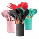 Kit 12 Utensílios Cozinha Silicone Cabo Madeira Resistente Calor Jogo de Utensilios Antiaderente Premium