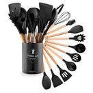 Kit 12 Utensílios de Cozinha em Silicone com Cabo de Madeira e Suporte Resistente ao Calor Não Risca Panelas