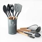 Kit 12 Utensílios De Cozinha Em Silicone E Cabo De Madeira